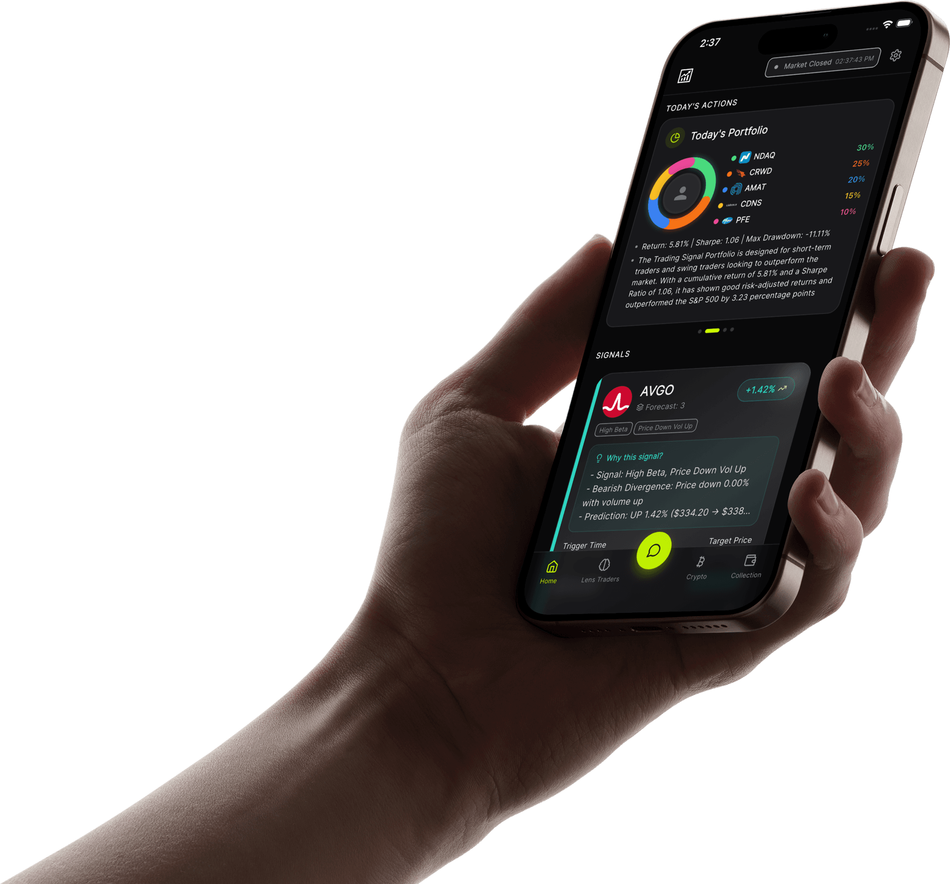 LensQuant app showing portfolio analytics and AI trading signals